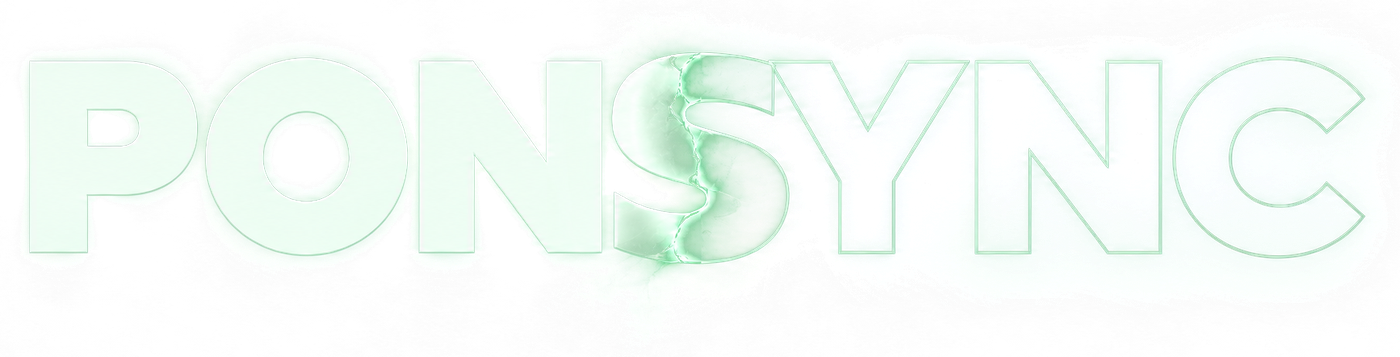 PONSYNC wordmark: solid PONS, a cracked S, outlined SYNC